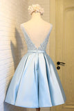 Sky Blue A-Line V-Neck Short Prom Dresses Appliques Lace Homecoming Dresses JS568