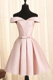 Simple A Line Off the Shoulder Pearl Pink Satin Short Homecoming Dresses with Lace JS923