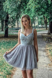 A Line Sweetheart Strapless Straps Tulle Beaded Grey Short Homecoming Dresses with Appliques JS950