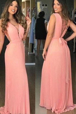 Elegant V Neck Chiffon Coral Straps V Neck Prom Dresses with Belt, Long Evening Dresses SJS15212