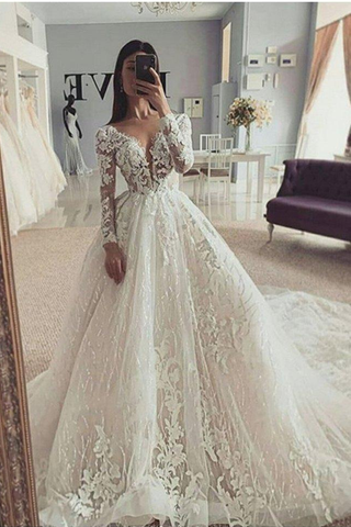 Ball Gown Illusion Long Sleeves Wedding Dress With Appliques V Neck