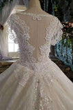 New Arrival Short Sleeves Wedding Dresses With Appliques And Sequins Lace Up Tulle