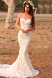 Charming Mermaid Lace Applique Sweetheart Sleeveless Wedding Dresses, Country Bridal Dresses SJS15107