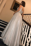 Glitter Silver Long Spaghetti Straps Prom Dresses with V Neck, Dance SJS20418