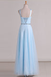 Tulle Straps Bridesmaid Dresses A Line With Ruffles And Beads Floor Length
