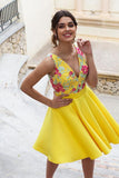 Yellow Floral Satin Illusion Back Daffodil V Neck Homecoming Dresses Short Cocktail Dresses SJS14985