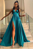 Elegant Green A Line V Neck Prom Dresses with Split, Long Bridesmaid Dresses SJS15166