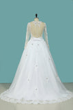A Line Scoop Wedding Dresses Long Sleeves Tulle With Applique & Beading Detachable Skirt Chapel Train