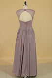 Straps A Line Bridesmaid Dresses Chiffon With Beads Floor Length Open Back
