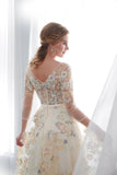 Charming A Line Floral Scoop Prom Dresses 3/4 Sleeves Empire Waist Long Evening Gowns SJS15088