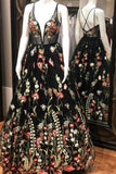 Spaghetti Strap Black Prom Dresses Floral Formal Dress Evening Dresses