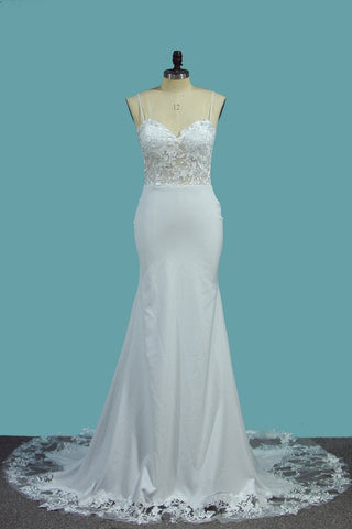 Spandex Mermaid Spaghetti Straps Wedding Dresses With Applique Court Train