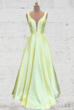 Unique A Line Yellow Satin Prom Dresses with Pockets, Simple Formal SJS15680