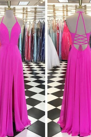 Simple Style A Line Halter Neck Chiffon Prom Dresses Floor Length With Slit