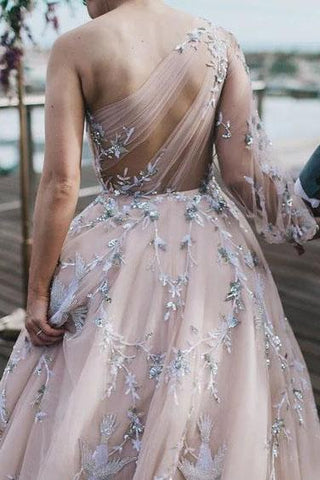 Long Sleeve One Shoulder Sparkly Prom Dress Long Evening Dress, Long Prom Dresses SJS15245