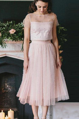 Blush Pink Two Piece Bridesmaid Dresses Beaded Formal Gowns Evening Dress