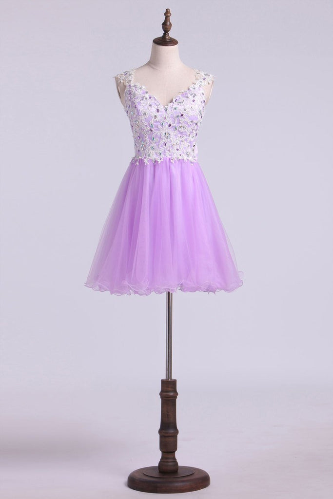 Short/Mini Prom Dress A Line Tulle Skirt With Embellished Bodice Beaded
