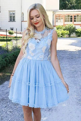 Elegant Jewel Short Cheap Tulle Homecoming Party Dresses With Lace