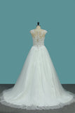A Line Tulle Scoop Wedding Dresses With Applique Sweep Train