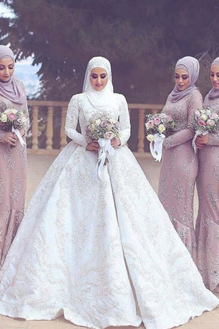 New Arrival Satin Muslim Wedding Dresses High Neck Ball Gown