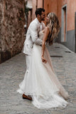 Rustic A Line Tulle Sweetheart Strapless Wedding Dresses, Sleeveless Beach Bridal Dresses SJS15526