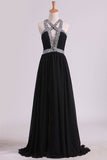 Black Prom Dresses A Line Chiffon With Beads And Slit Cross Back
