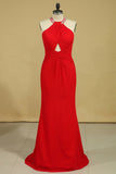 Red Plus Size Scoop Prom Dresses Floor Length Spandex With Beading And Ruffles