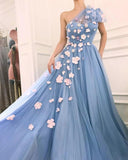 Charming One Shoulder Blue Tulle 3D Flowers Prom Dresses, Long Cheap Dance Dresses SJS15119