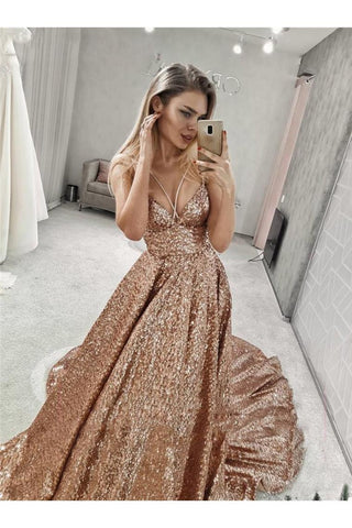 Sparkly Straps V Neck Long Prom Dresses With Sequin Evening Dress