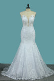 Tulle Scoop Wedding Dresses Mermaid With Applique Chapel Train