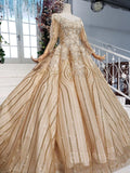 Long Sleeve Ball Gown Beads Lace Appliques Prom Dresses Sequins Quinceanera Dresses SJS15241