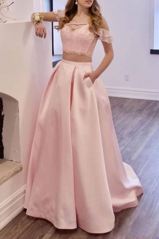 Two Piece Prom Dresses Long Prom Gowns With Pockets Off The Shoulder