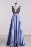 Satin Prom Dresses A Line Beaded Bodice Open Back A Line