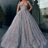 Princess Strapless Sweetheart Beads Ball Gown Rhinestone Prom Dress with Long Sparkly SJS15308