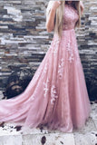 Scoop A Line Prom Dresses Tulle With Applique And Sash Open Back