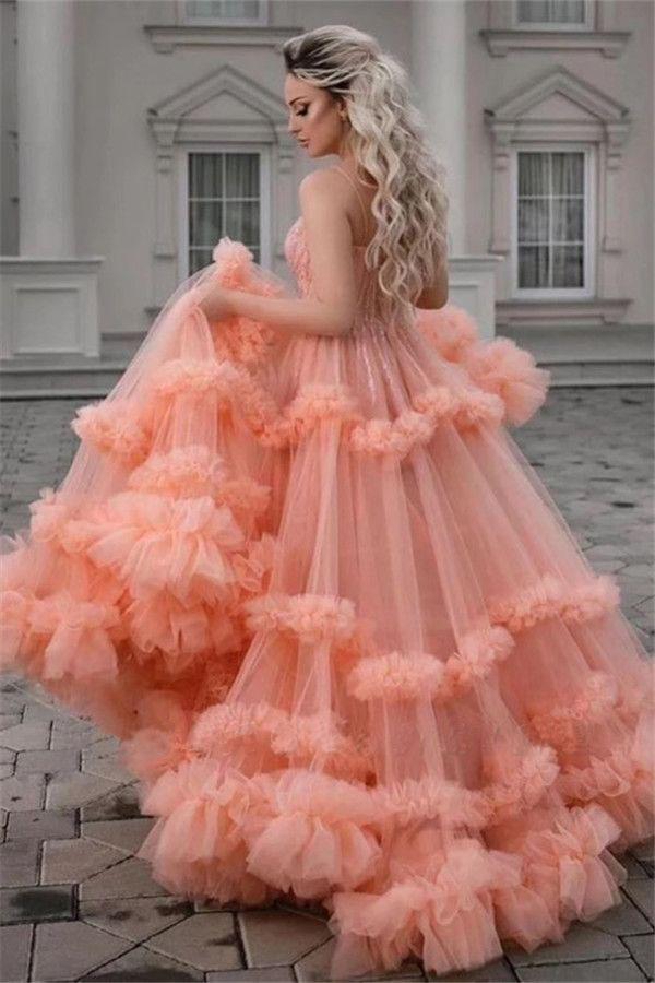 Gorgeous Ball Gown Spaghetti Straps Tulle Ruffles V Neck Prom Dresses with Sequins SJS15519
