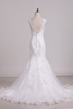 Wedding Dress V Neck With Applique Mermaid/Trumpet Tulle Chapel Train