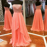New Arrival Modest Strapless Straps Long Chiffon Pearl Pink Beaded Sexy Prom Dresses JS53