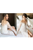 Scoop Long Sleeves Lace With Slit Wedding Dresses Chapel Train Detachable