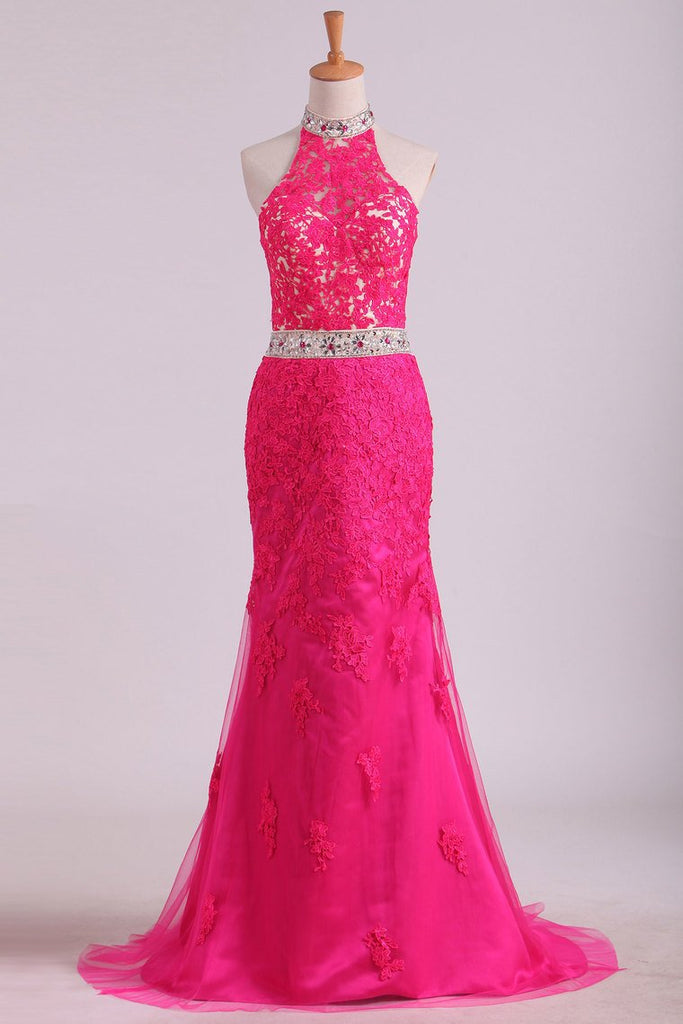High Neck Open Back Sheath Prom Dresses Tulle With Applique And Rhinestones