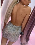 Sexy Sparkly Halter Mermaid Short Prom Dresses, Backless V neck Cocktail Dresses SJS15361