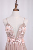 Prom Dresses Spaghetti Straps Tulle With Applique And Handmade Flower