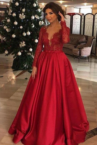 Elegant Long Sleeve Red Lace Beads Long Prom Dresses, A Line Satin Evening Dresses