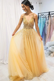 A Line Floor Length Tulle Prom Dress With Sequins Cheap V Neck Long Formal SJSP1NJG7JC