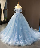 Princess Light Blue Sweetheart Tulle Appliques Off the Shoulder Ball Gown Prom Dresses