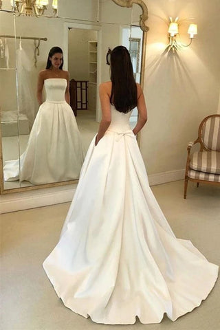 Charming A Line Satin Strapless Wedding Dresses with Pockets, Long Bridal Dresses SJS15091