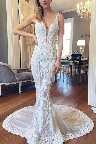 Luxurious Mermaid Lace Ivory V Neck Wedding Dresses, Backless Straps Wedding Dresses SJS15522