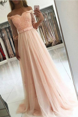 Off The Shoulder Prom Dresses A Line Tulle With Applique And Beads