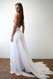 Spaghetti Straps Sweetheart White Lace Wedding Dresses with Chiffon Beach Bridal Dress SJS15420