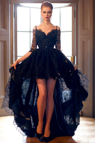 Asymmetrical Prom Dresses Mid-Length Sleeve Spaghetti Straps Lace